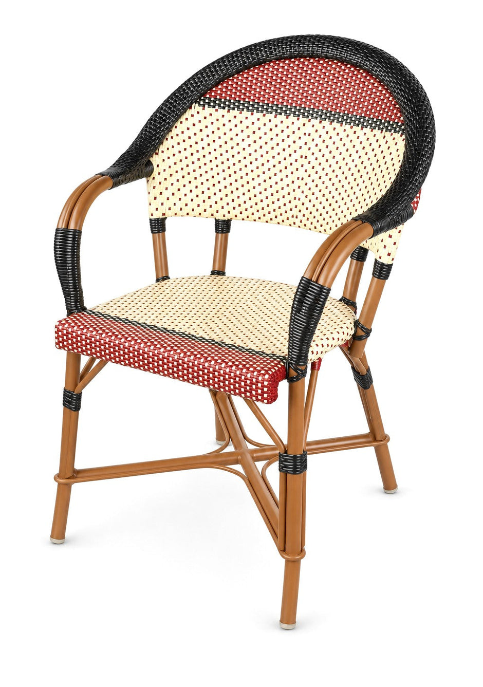 Fauteuil Bastille en rotin tissé à la main, cannage rouge, crème et noir, présenté par Maison Louis Drucker à BDNY 2026